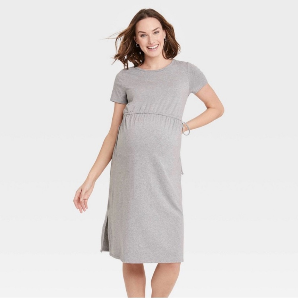 Isabel Maternity Short Sleeve Tie-Waist Dress - Gray